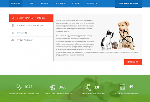 Корпоративный сайт ветеринарного центра. Товары для животных, ветеринарные услуги